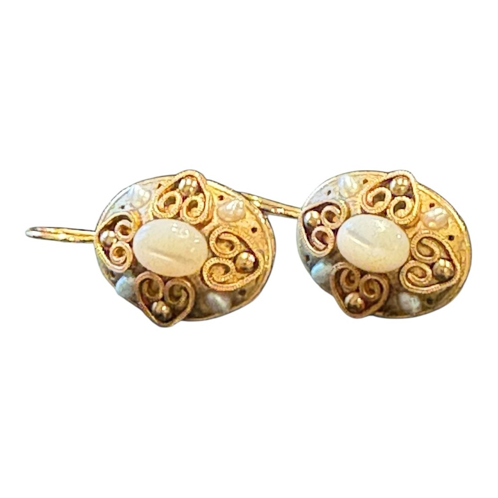 Michal Golan Gold Filigree Cabochon & Pearl Artisan Earrings